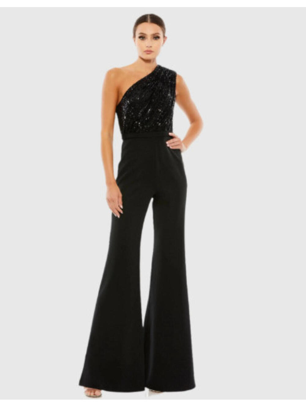 NWT Ieena Mac Duggal Black One-Shoulder Sequin Jumpsuit Size 8 26716